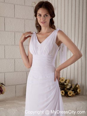 Simple V-neck Sweep Train Ruched Chiffon Wedding Dress