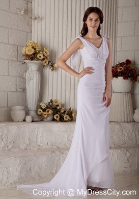 Simple V-neck Sweep Train Ruched Chiffon Wedding Dress