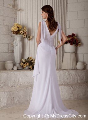 Simple V-neck Sweep Train Ruched Chiffon Wedding Dress