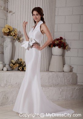 Mermaid Halter V-Neck Bow and Beading Decorate Wedding Gown