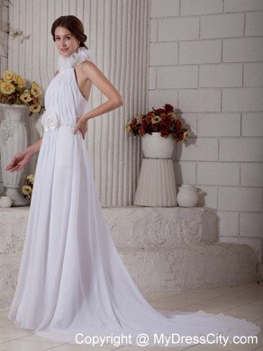 Empire High-neck Court Train Hand-made Flower Chiffon Bridal Dress