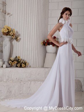 Empire High-neck Court Train Hand-made Flower Chiffon Bridal Dress