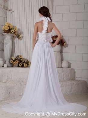 Empire High-neck Court Train Hand-made Flower Chiffon Bridal Dress