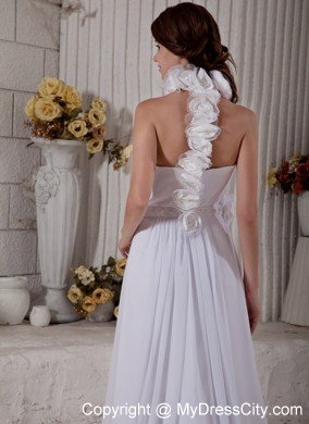 Empire High-neck Court Train Hand-made Flower Chiffon Bridal Dress