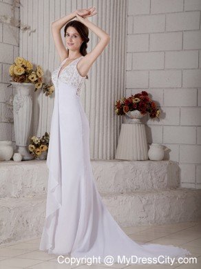 V-neck Brush Train Beading Bridal Gown With Sheer Lace Back