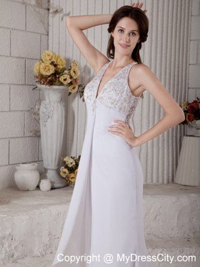 V-neck Brush Train Beading Bridal Gown With Sheer Lace Back