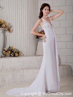 V-neck Brush Train Beading Bridal Gown With Sheer Lace Back