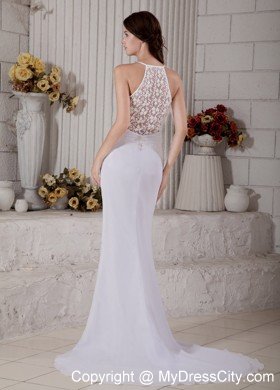 V-neck Brush Train Beading Bridal Gown With Sheer Lace Back