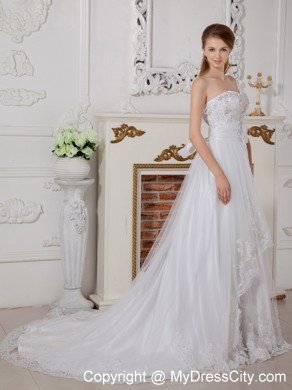 Court Train Lace Appliques Bowknot Decorate Back Bridal Gown