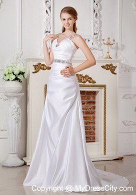 A-line V-neck Beaded Straps and Waist Ruched Bridal Dress