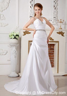 A-line V-neck Beaded Straps and Waist Ruched Bridal Dress