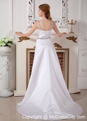 A-line V-neck Beaded Straps and Waist Ruched Bridal Dress