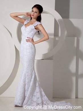 V-neck Mermaid Sleeveless Backless Beaded Lace Bridal Dress