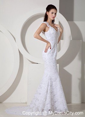 V-neck Mermaid Sleeveless Backless Beaded Lace Bridal Dress