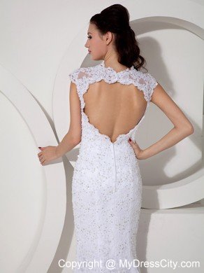 V-neck Mermaid Sleeveless Backless Beaded Lace Bridal Dress