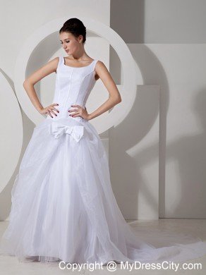 A-Line Scoop Court Train Tulle Bowknot Simple Bridal Dress