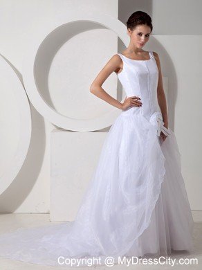 A-Line Scoop Court Train Tulle Bowknot Simple Bridal Dress