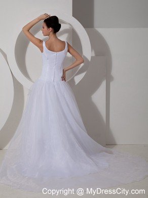 A-Line Scoop Court Train Tulle Bowknot Simple Bridal Dress