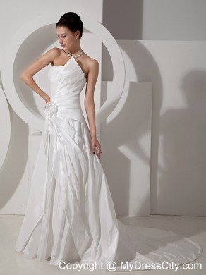 Strapless Asymmetrically Ruched Flower Court Train Bridal Dress