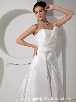 Strapless Asymmetrically Ruched Flower Court Train Bridal Dress