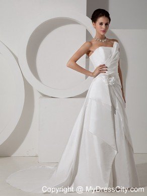 Strapless Asymmetrically Ruched Flower Court Train Bridal Dress