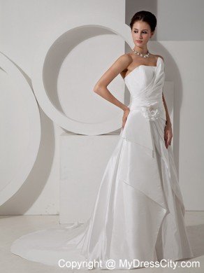 Strapless Asymmetrically Ruched Flower Court Train Bridal Dress