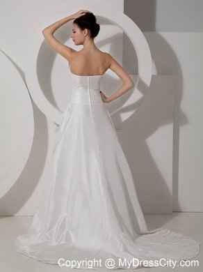 Strapless Asymmetrically Ruched Flower Court Train Bridal Dress