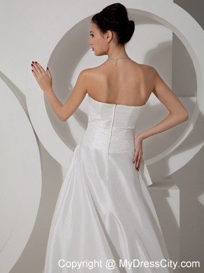 Strapless Asymmetrically Ruched Flower Court Train Bridal Dress