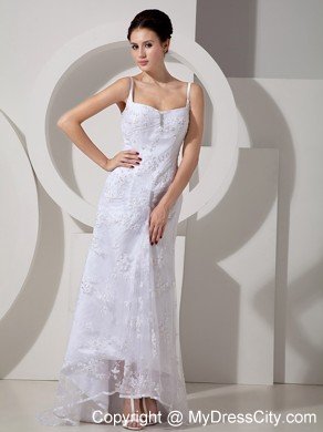 Elegant Column Straps Beaded Lace Brush Train Bridal Dress