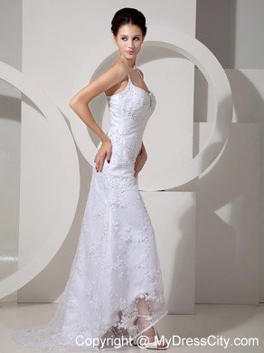 Elegant Column Straps Beaded Lace Brush Train Bridal Dress