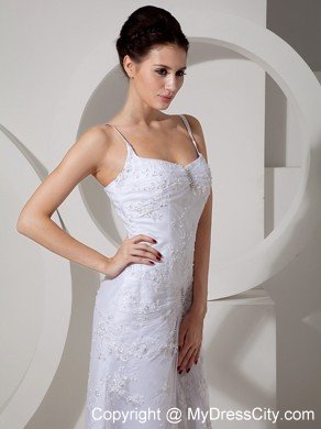 Elegant Column Straps Beaded Lace Brush Train Bridal Dress