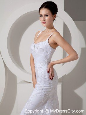 Elegant Column Straps Beaded Lace Brush Train Bridal Dress