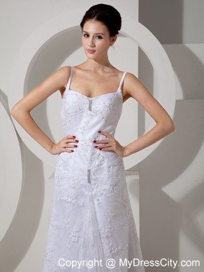 Elegant Column Straps Beaded Lace Brush Train Bridal Dress