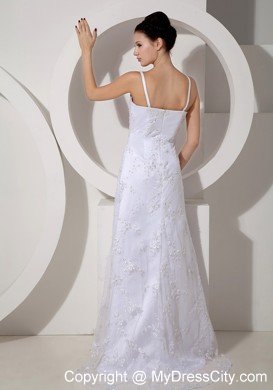 Elegant Column Straps Beaded Lace Brush Train Bridal Dress