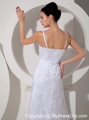 Elegant Column Straps Beaded Lace Brush Train Bridal Dress