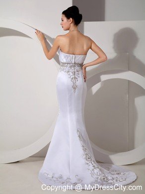 Mermaid Embroidery Decorate Waist and Brush Train Bridal Gown