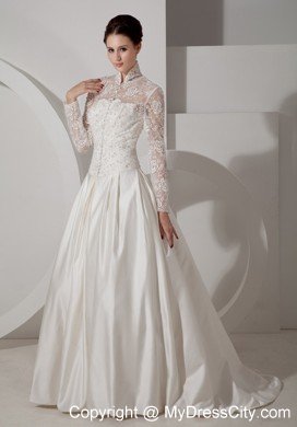 A-line High-neck Long Sleeves Taffeta Lace Bridal Gown