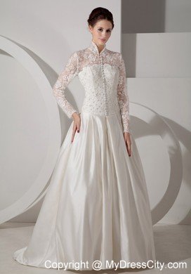 A-line High-neck Long Sleeves Taffeta Lace Bridal Gown