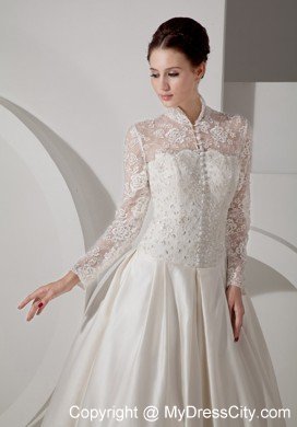 A-line High-neck Long Sleeves Taffeta Lace Bridal Gown