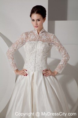 A-line High-neck Long Sleeves Taffeta Lace Bridal Gown