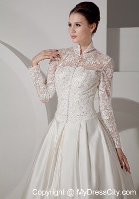 A-line High-neck Long Sleeves Taffeta Lace Bridal Gown