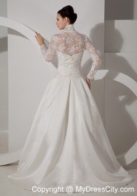 A-line High-neck Long Sleeves Taffeta Lace Bridal Gown