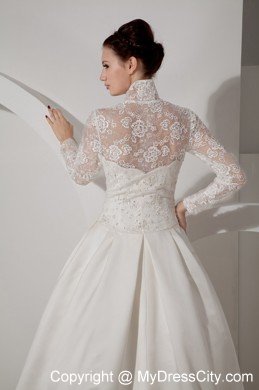 A-line High-neck Long Sleeves Taffeta Lace Bridal Gown