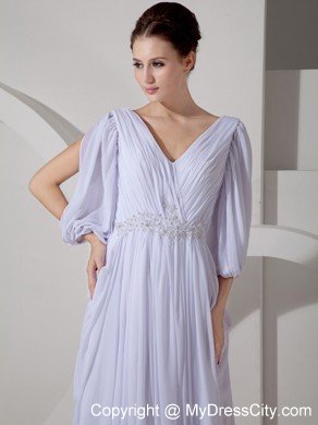 Empire V-neck Half Sleeves Ruched and Beaded Bridal Dress