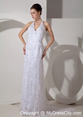 Halter Lace Beading Court Train Bridal Dress with Clasp Handle