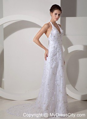 Halter Lace Beading Court Train Bridal Dress with Clasp Handle