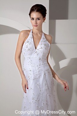 Halter Lace Beading Court Train Bridal Dress with Clasp Handle