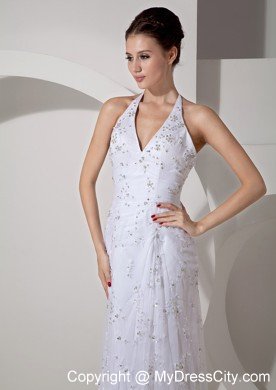 Halter Lace Beading Court Train Bridal Dress with Clasp Handle