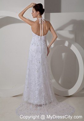 Halter Lace Beading Court Train Bridal Dress with Clasp Handle