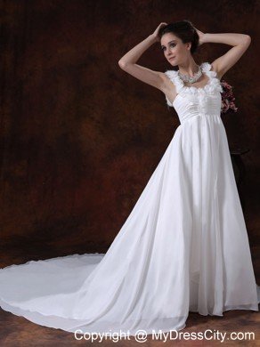 Hand-made Flower Decorate Straps Ruched Bridal Dress